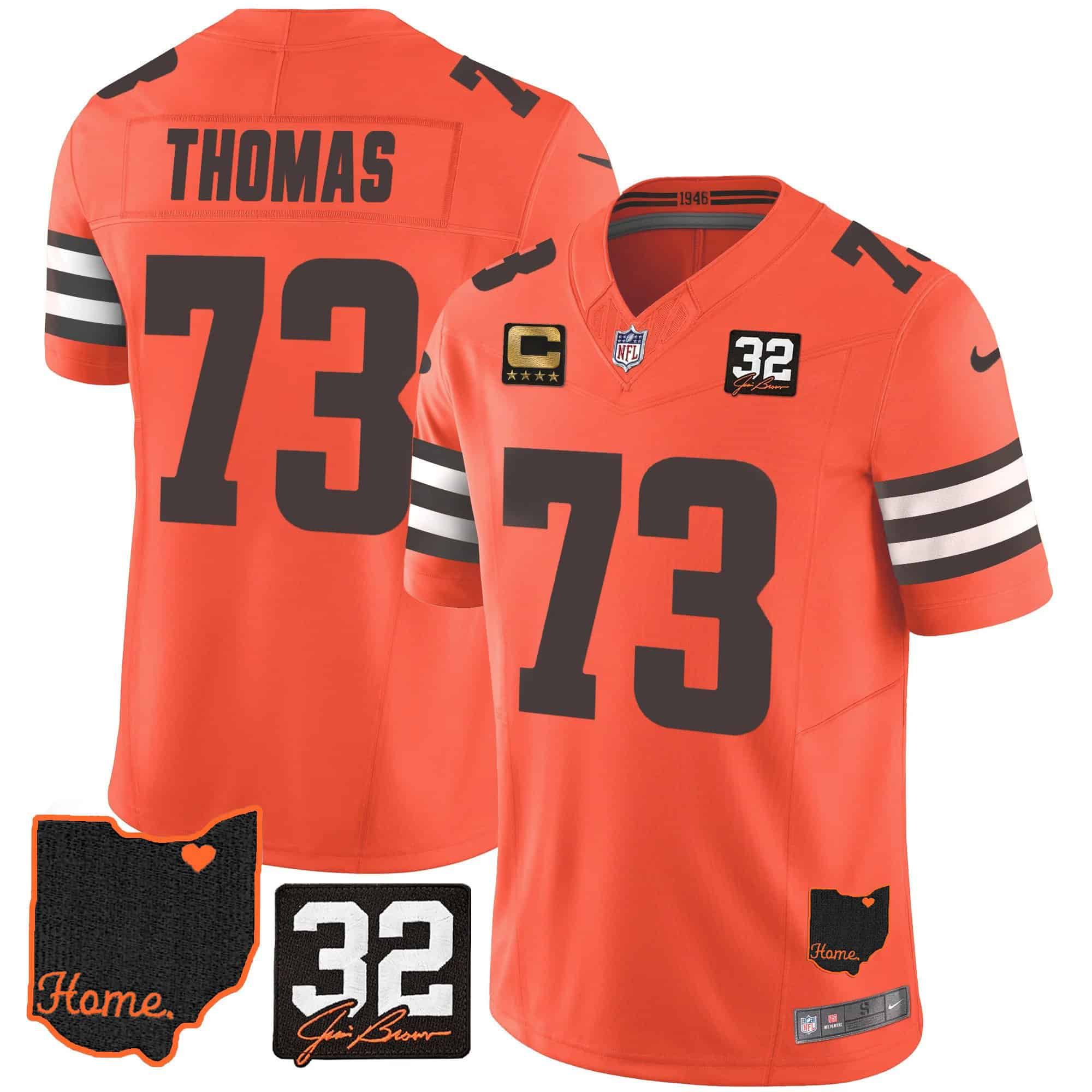 Men Cleveland Browns #73 Thomas Orange Memorial Home Patch 2024 Nike NFL Jersey